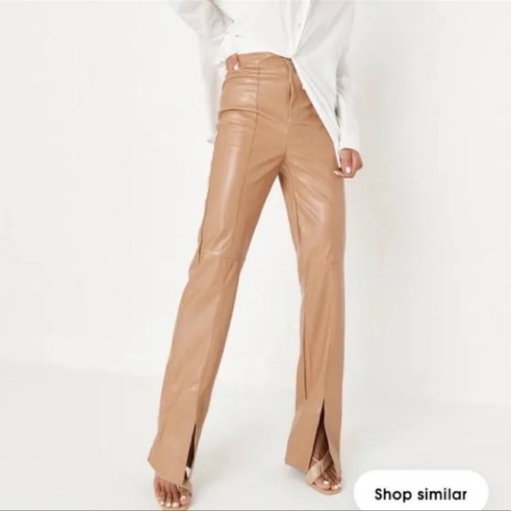Missguided tan faux leather split leg pants size US 0